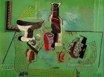 Compotier botella de vidrio fruta Bodegón verde 1914 Pablo Picasso Pinturas al óleo